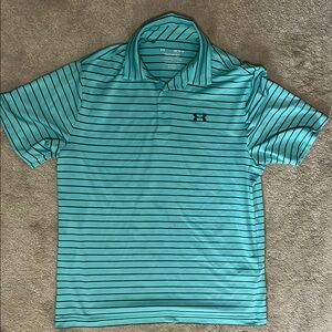 Under Armour Men’s Polo Shirt Loose Fit Blue Stripes Size Large Short Sleeve